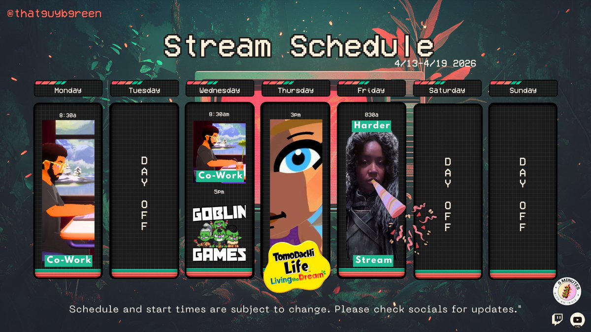 thatguybgreen's tweet image. 📗Stream Schedule 4/13-4/19📗
We got #coworking MWF @ 8:30am EST
#GoblinGames on Weds. Mario Kart? Super Battle Golf? Fortnite?
#TomodachiLife Release Stream on Thurs.
@LoveMeHrdrLrks takes over the GRN RM Fri.
#GreenGoblins 💚