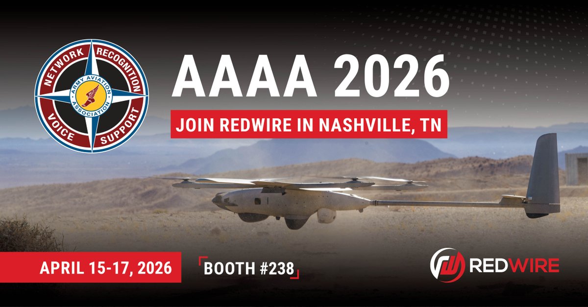 Redwire's tweet image. Join Redwire at AAAA in Nashville!
 
We'll be joining the @Army_Aviation Association of America from April 15-17 at the Gaylord Opryland resort - this is an excellent opportunity to gather with fellow members of the #aviation community to focus on Army Aviation and network with