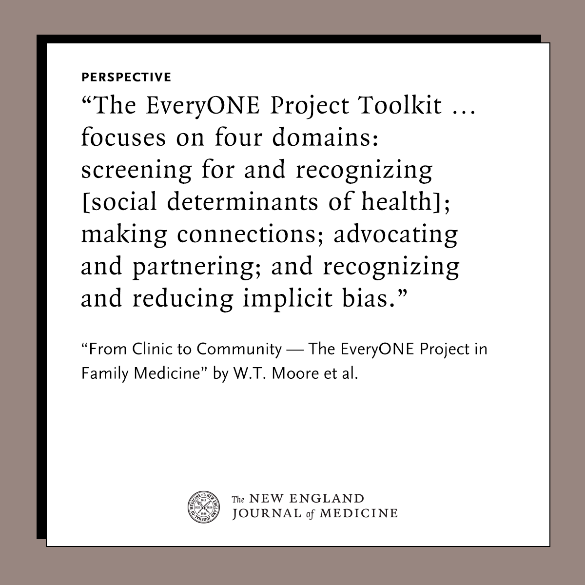 NEJM's tweet image. Efforts toward Equity by W.T. Moore et al.: From Clinic to Community — The EveryONE Project in Family Medicine nejm.org/doi/full/10.10…

#HealthPolicy #MedicalEthics