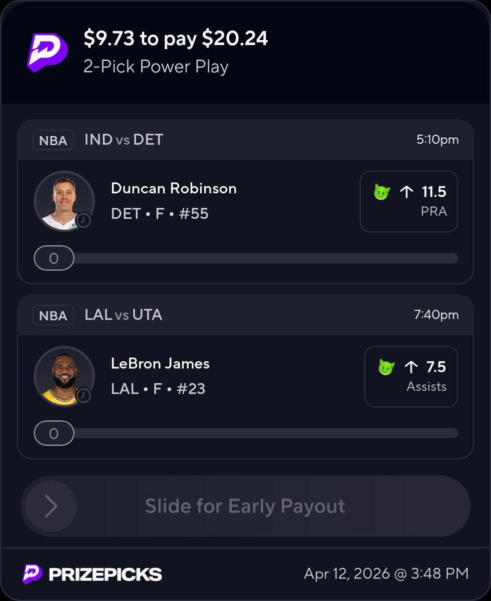 Allmightyfab's tweet image. 3rd slip on the road to $1000 we 2/2 so far😈
#Prizepicks #Locks #sportsbetting