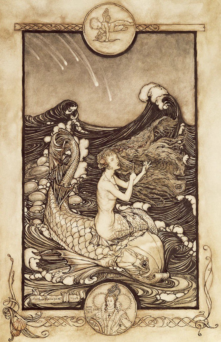 Kerria's tweet image. Mermaid and Dolphin
by Arthur Rackham (1908)
from Midsummer Night's Dream
#FolkloreSunday #ShakespeareSunday