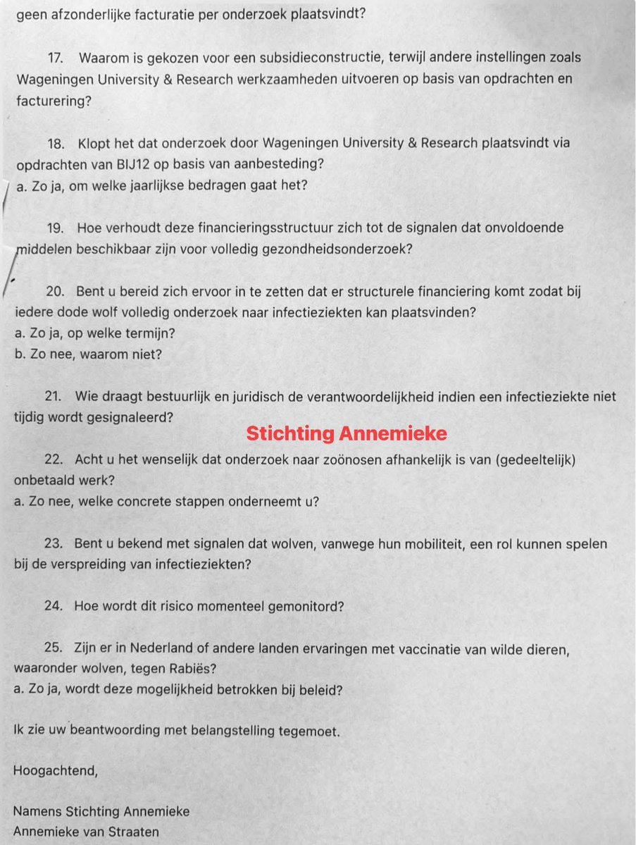 Net een stevige brief met kritische vragen op de post gedaan aan de staatssecretaris van Ministerie LVVN. Onderzoek naar dode wolven en mogelijke infectieziekten (zoönosen) wordt niet structureel en volledig uitgevoerd! Dat is onacceptabel als het gaat om risico’s voor