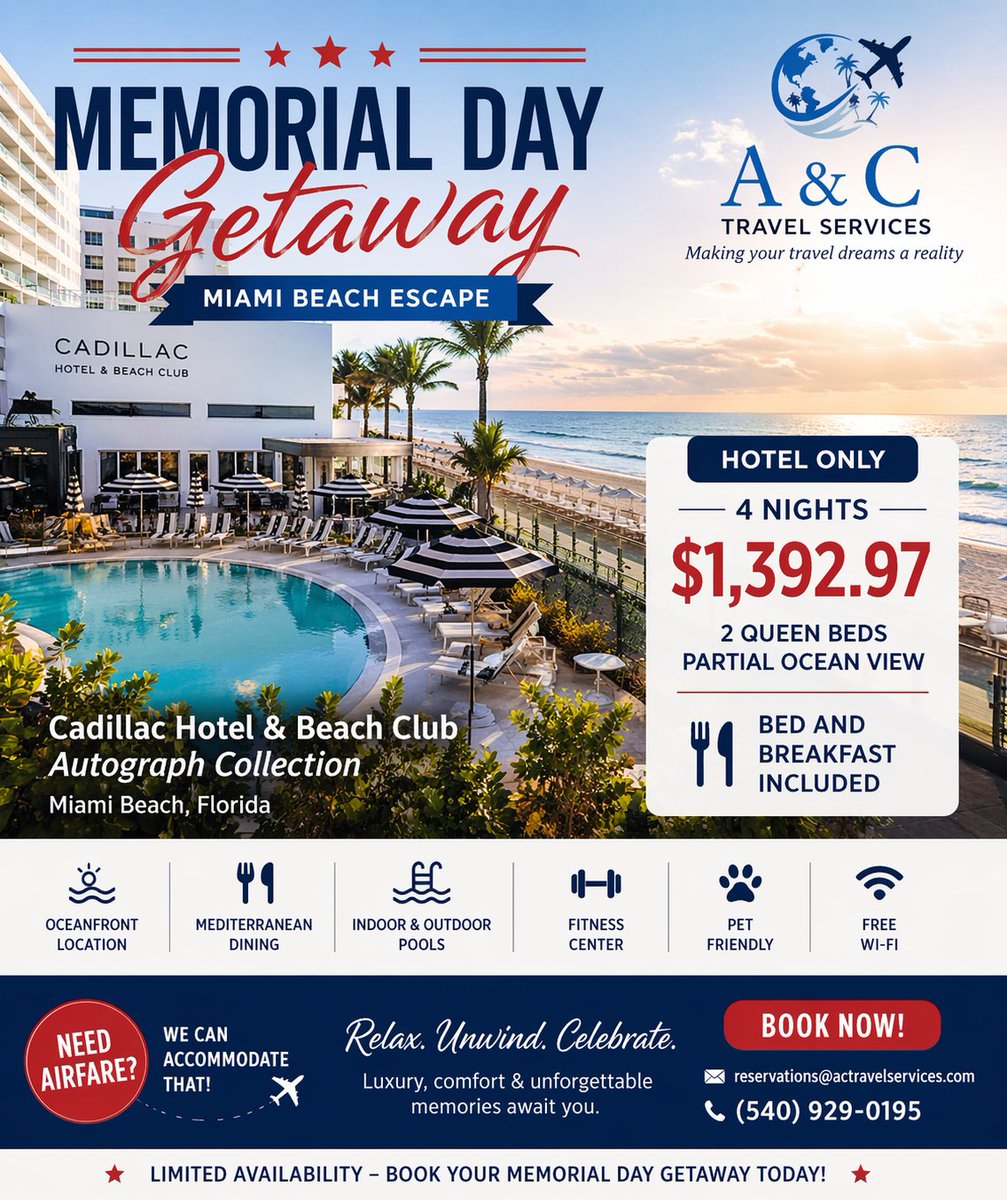 ACTRAVELSERVICE's tweet image. Memorial Day Miami Getaway 🌴

Stay at Cadillac Hotel &amp;amp; Beach Club, Autograph Collection 🏖️

💲 $1,392.97 | 4 nights
🍽️ Breakfast included

Hotel only (flights available!)

📧 reservations@actravelservices.com

📱 540-929-0195

#MemorialDay #Miami #TravelDeals #BeachVibes