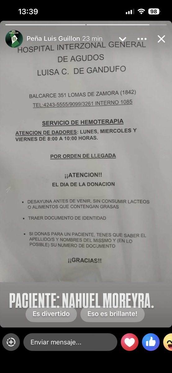 Por favor ayudemos a difundir , Nahuel Moreyra necesita dadores de sangre 🙏 <a href="/CAB_oficial/">Club A. Banfield</a>