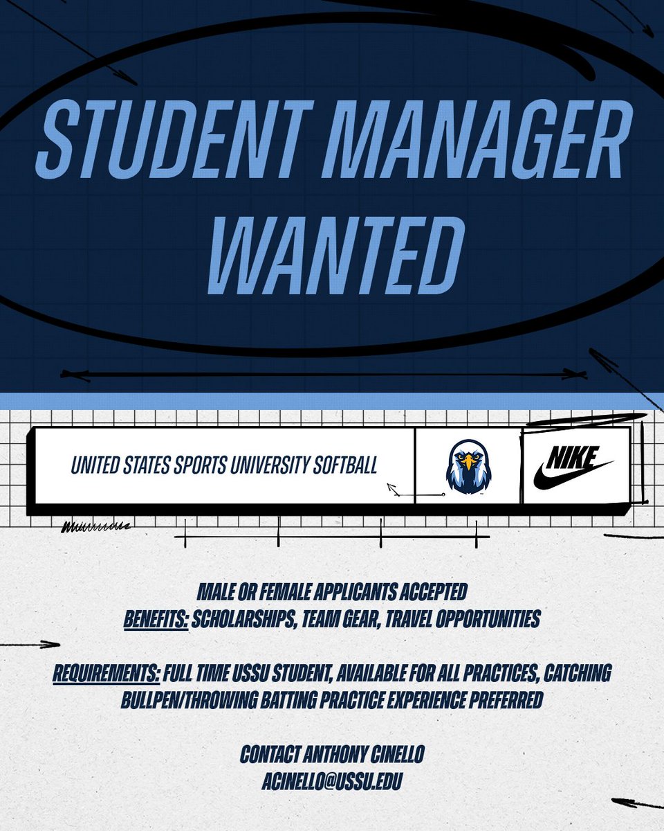 ussusoftball's tweet image. 𝙎𝙏𝙐𝘿𝙀𝙉𝙏 𝙈𝘼𝙉𝘼𝙂𝙀𝙍 𝙒𝘼𝙉𝙏𝙀𝘿🥎

We're searching for a student manager for the upcoming season(s). Reach out to Coach Anthony Cinello if you're interested or have questions!

#Chapter2 #GETB