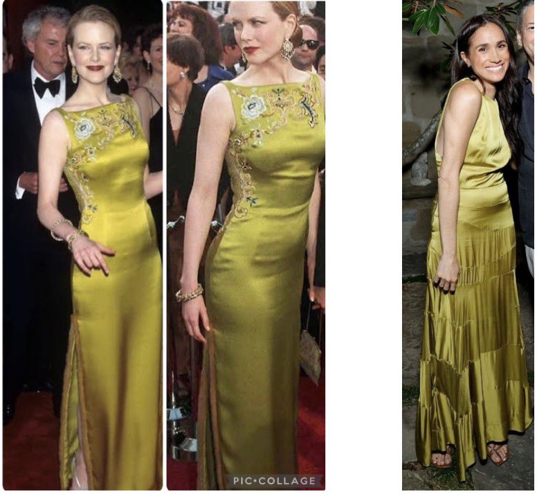 Chartreuse done right (1997 Nicole Kidman in Dior) vs Chartreuse done very  wrong (#MeghanMarkle) Thank you @NachoBandito for the reminder!  #MeghanMarkleFashionFail #MeghanIsTheProblem #MeghanMarkleIsAGrifter