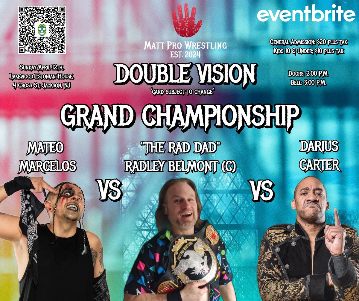 MrDariusCarter's tweet photo. 👁 TODAY▪︎4/12 👁
@ThisIsMattPro Presents: #DoubleVision
📍 Jackson, NJ
🔔 3pm EST
Billed as "The BIGGEST Match in #MattProWrestling History" - as the promotion's future hangs in the balance!
The #AllFather becomes your NEW #GrandChampion - and, #DC4Belts - TODAY!
#AndNEW🏆 https://t.co/zvrYcsuTFT
