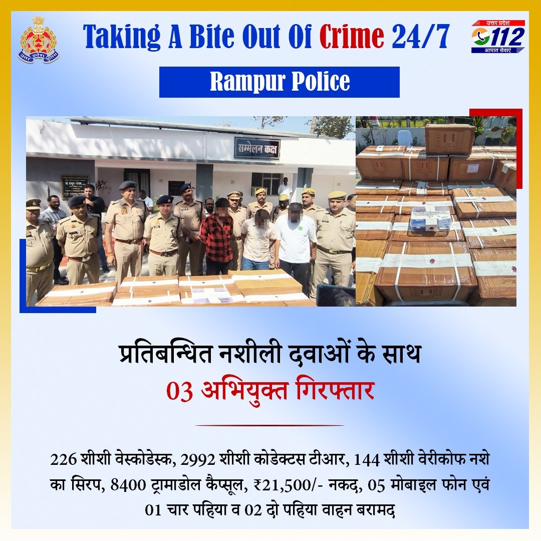 नशे के तस्करों पर रामपुर पुलिस का प्रहार—

प्रतिबन्धित नशीली दवाओं के अवैध व्यवसाय में लिप्त 03 अभियुक्तों को <a href="/rampurpolice/">Rampur police</a> द्वारा गिरफ्तार करते हुए उनके कब्जे से 3,362 शीशी सिरप व 8,400 कैप्सूल एवं 01 चार पहिया व 02 दो पहिया वाहन बरामद किए गए हैं।

नशे के विरुद्ध अभियान में
