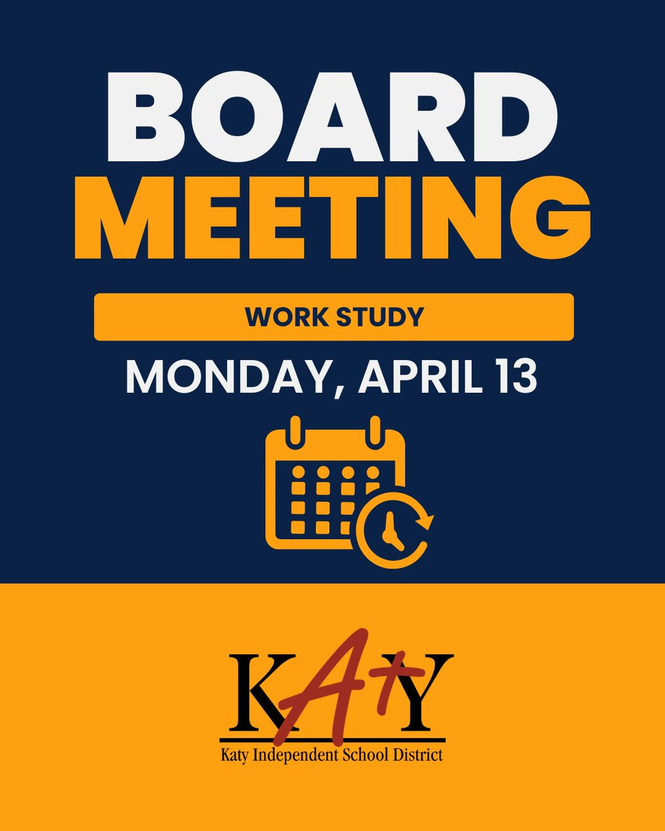 katyisd's tweet image. 📌Stay informed and engaged! The next Work Study Meeting of the Katy ISD Board of Trustees is scheduled for Monday, April 13.
View the agenda here: katyisd.org/board/board/bo…

#KatyISD #SchoolBoard #CommunityEngagement