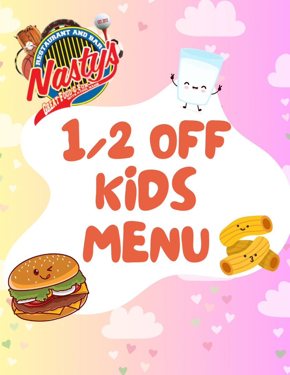 NastysSportsBar's tweet image. 👧👦 Half-Off Kids Meals All Day!
Bring the crew in for a bite — delicious food for the little ones at 50% off today only! 🍔🍟

#FamilyDay #KidsEatHalfOff #NastysBar #DealOfTheDay