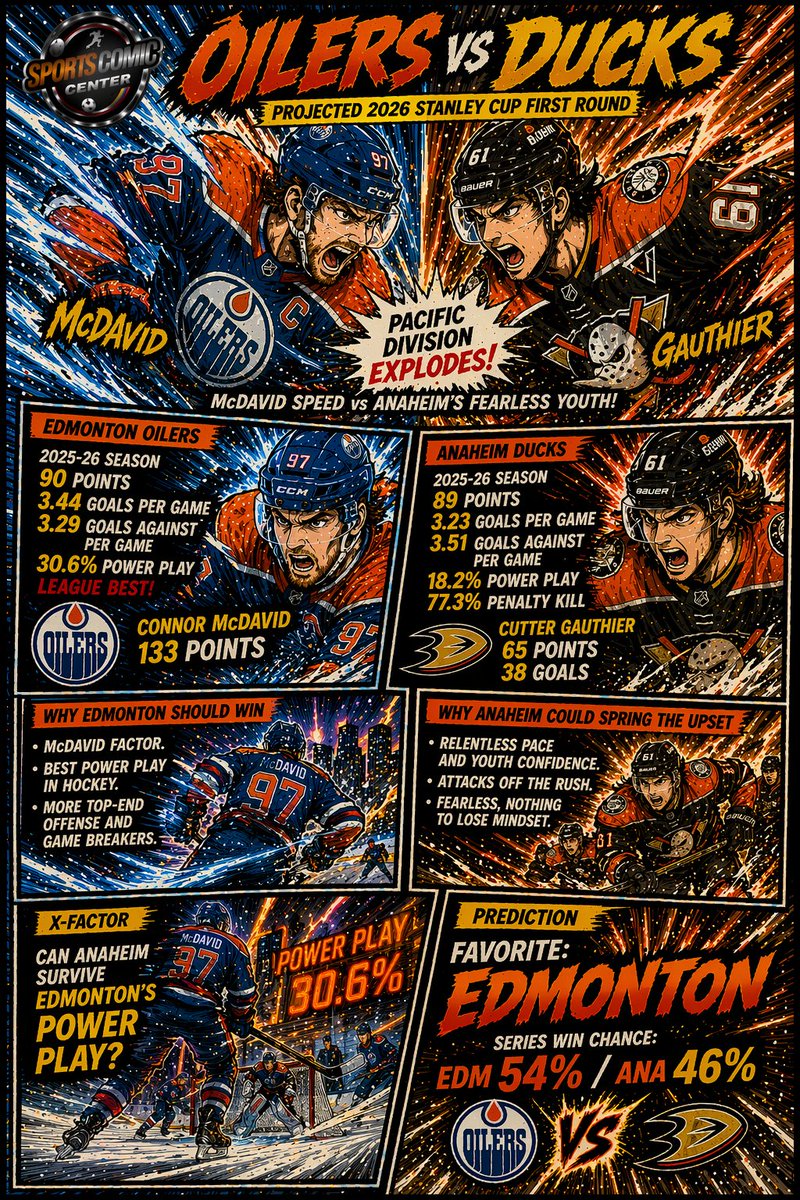 SportsComicCtr's tweet photo. @EdmontonOilers bring McDavid and the league’s most dangerous power play. @AnaheimDucks bring youth, speed and upset energy.
#LetsGoOilers #FlyTogether #NHLPlayoffs #ConnorMcDavid #SportsComicCenter https://t.co/B14DK8cGHL