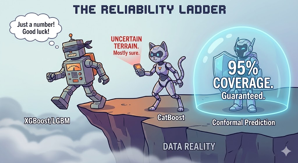 predict_addict's tweet image. The "Hierarchy of Reliability" in Machine Learning (or: Why your model needs a safety net) 🏗️

We usually optimize for Accuracy. But in production, Reliability is what keeps you employed.

Most data scientists stop at "point estimates" (a single number), but that is dangerous. A