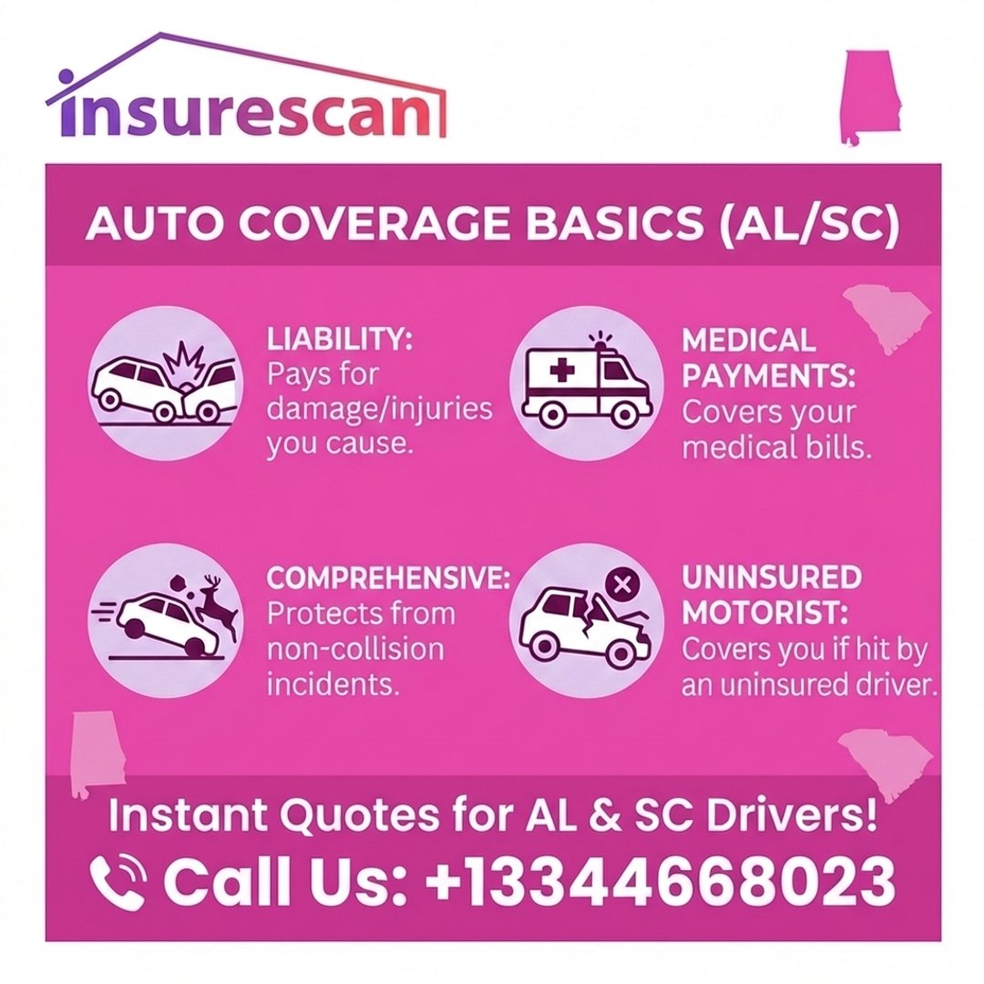 Liability, Medical Payments, Comprehensive &amp; Uninsured Motorist—get plain-language basics, then call InsureScan at 334-466-8023 to choose coverage with confidence. #AutoInsurance #InsuranceMadeSimple #AlabamaDrivers #SouthCarolinaDrivers #CoverageExplained #InsureTech #LocalSe...