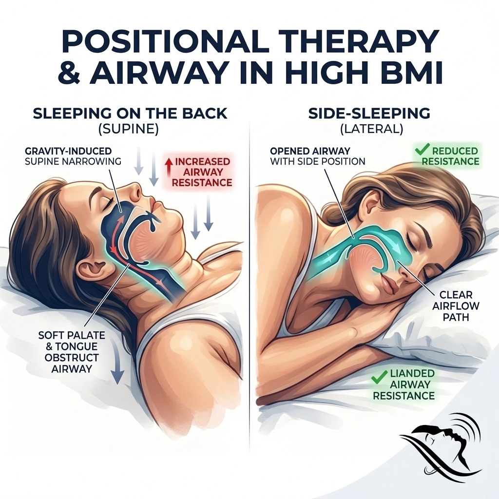VikVeerENT's tweet image. For patients with a higher BMI, gravity has an even stronger pull on the airway. Positional therapy becomes a vital tool in the kit to keep that airway open and oxygen levels high. 🛌⚖️ Check my 120-page ebook 'Your Sleep Position'! #HealthJourney #SleepApneaAwareness