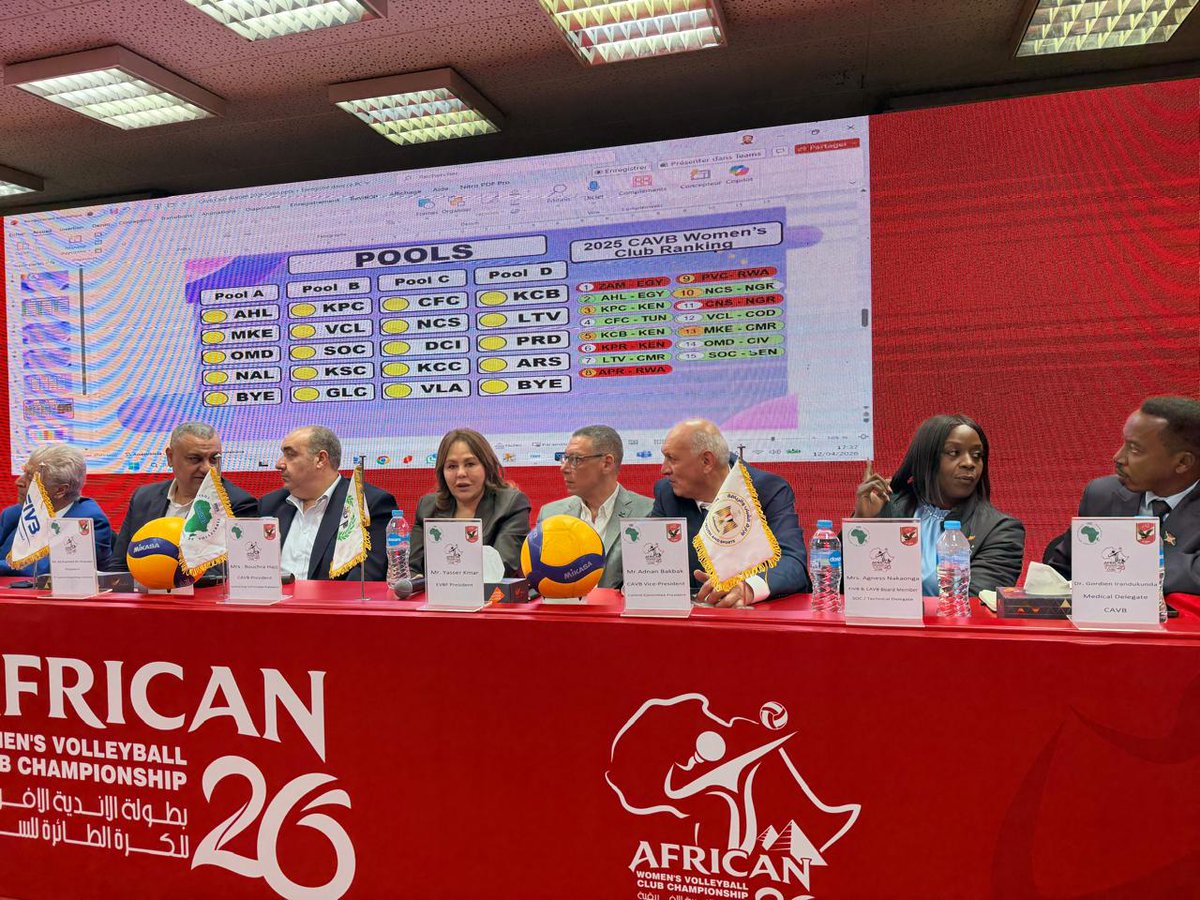 DanielOkwee's tweet photo. CAVB Women's African Club Championship
🔵 POOL A
AHL 
MKE
OMD
NAL
BYE

POOL B
Kenya Pipeline Company Volleyball Club 
VCL
SOC
KSC
GLC

🟡 POOL C
CFC 
NCS
DCI
KCC
VLA

🔴 POOL D
KCB Volleyball Club 
LTV
VIP
ARS
BYE

Cairo, Egypt
April 11–24, 2026
#Afrosport #CAVB2026 #Cairo2026 https://t.co/rNQtRItRgF