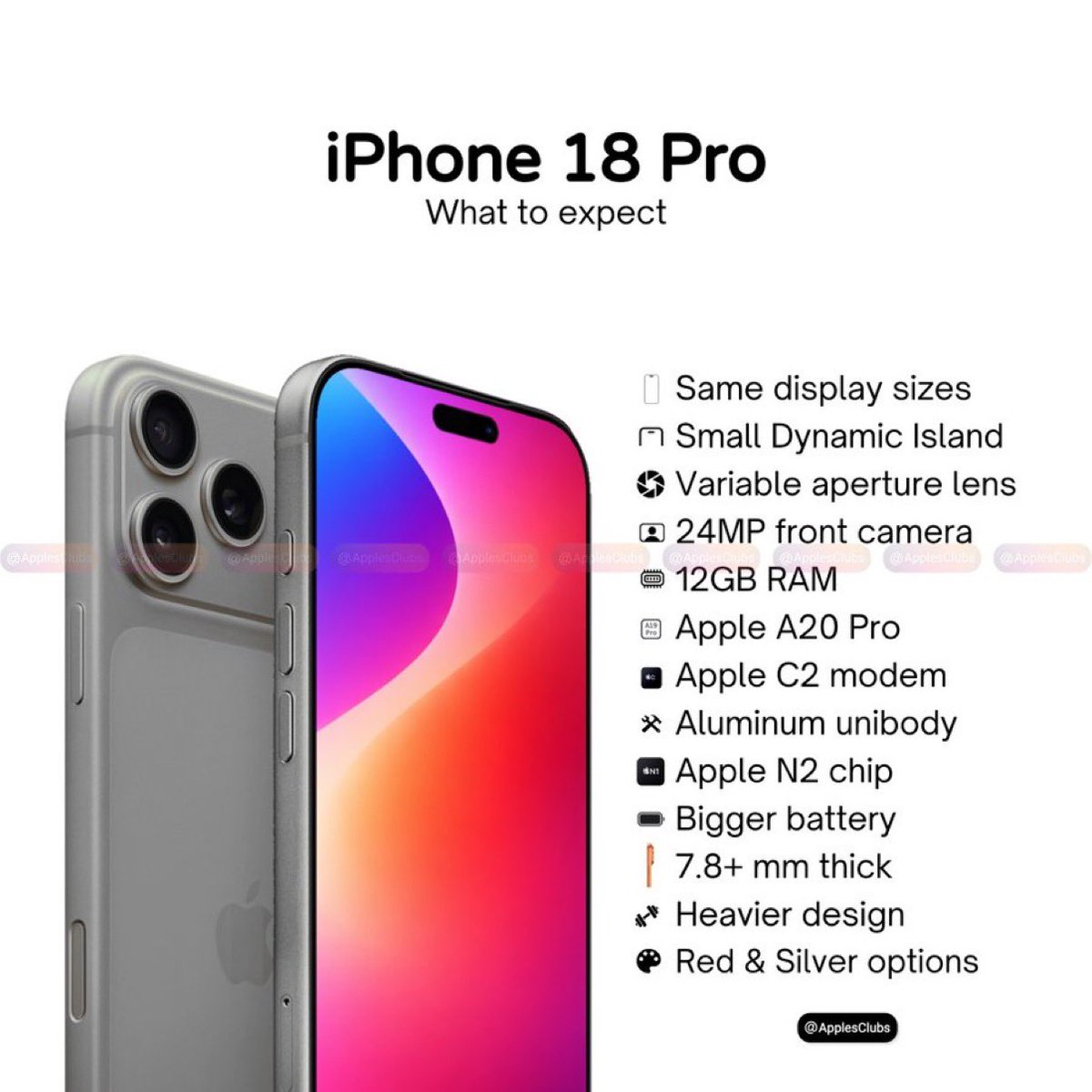 🚀 الميزات المتوقعة لهاتف #iPhone18Pro:

📱 أحجام الشاشات بدون تغيير
🏝️ Dynamic Island أصغر
📸 كاميرا بفتحة عدسة متغيرة (variable aperture)
🤳 كاميرا أمامية بدقة 24MP
⚡ ذاكرة RAM بسعة 12GB
🚀 شريحة Apple A20 Pro
📶 مودم Apple C2
🧱 هيكل أحادي من الألمنيوم
🔋 بطارية أكبر
⚖️ أكثر