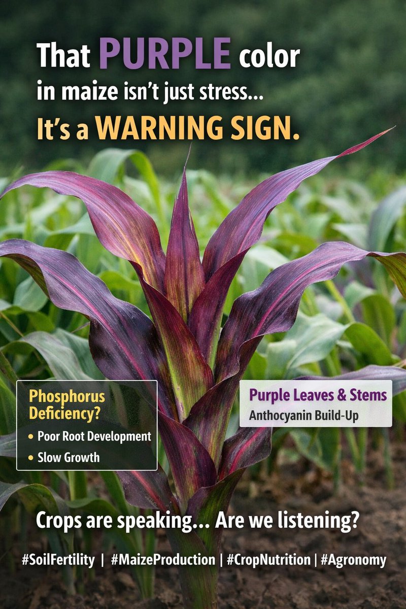 CeliF_Farms's tweet photo. Purple maize leaves? 🌽

That’s often phosphorus deficiency — limiting root growth and slowing development.

Plants are talking… are we listening?
#SoilFertility #Maize #Agronomy https://t.co/BbHsE7uJlD