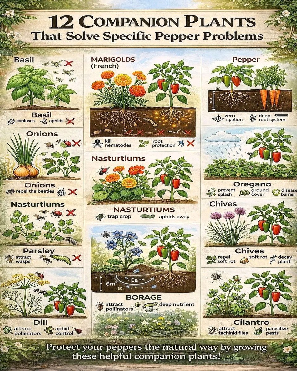 Agronommejean's tweet image. SMART COMPANION PLANTING FOR HEALTHIER PEPPER GROWTH

Companion planting should always be done with purpose rather than appearance alone. While random plant combinations may look attractive in the garden, strategic pairings are far more effective because each companion plant can