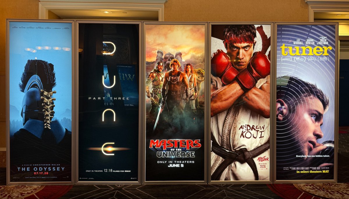 heyfilmmick's tweet photo. @CinemaCon La película animada de 'The Cat in the Hat', el concierto de Billie Eilish dirigido por James Cameron 'Hit Me Hard and Soft: The Tour Live in 3D'y más pósters desde 'The Odyssey', 'Dune Part Three' y 'Street Fighter' en los pasillos de la #CinemaCon.

📸: @Fandango @CinemaCon https://t.co/Jy1jR9oDaZ