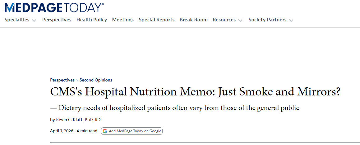 KCKlatt's tweet photo. Happy to contribute a couple of Op-Eds recently to comment on nutrition happenings:

1. Writing with Christopher Duggan and Marie-France Hivert in @statnews, we comment on the need for ensuring that physician nutrition education remain grounded in evidence-based practices and that medical schools incorporate the consensus competencies laid out in JAMA in 2024. The piece, importantly, ends on noting that training physicians in the basics of nutrition is just the start of improving nutrition care across healthcare and that nutrition-competent physicians need to empower other healthcare professionals (e.g., RDs, SLPs, etc) and advocate for effective public policy at the local, state and national levels.

2. In @medpagetoday, I comment on the recent CMS memo encouraging hospitals to align menus with the DGAs. Not only is there limited enforcement potential here given the conditions of participation laid out in CFR 482.28 and the practices of 3rd party auditors, there's a total misalignment between the priorities of the DGAs and the priorities of inpatient nutrition care. Advocates can want to improve the variety of 'generally healthy' options on inpatient menus and the offerings in the hospital retail food environment - but they won't find solutions in this memo. I discuss this in a more longform substack post as well. 

These celebrated 'commitments' to nutrition from the admin come as the new President's budget for FY27 yet again propose big cuts for effective public health nutrition programs, such as @NatWICAssoc, building on previous cuts to nutrition programs in the BBB and by USDA/DOGE. The field of nutrition and advocates must stay hypervigilant and put pressure where pressure is deserved, demanding real policy grounded in good evidence & rejecting hollow performance.