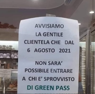 Erinni15's tweet image. AVVISIAMO
LA GENTILE
CLIENTELA CHE DAL
6 AGOSTO 2021
NON SARA’
POSSIBILE ENTRARE
A CHI E’ SPROVVISTO
DI #GREENPASS

#covid #covid19 #Lockdown #IoNonDimentico