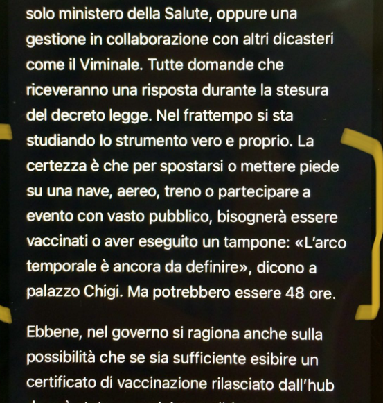 Erinni15's tweet photo. La
certezza è che per spostarsi o mettere piede
su una nave, aereo, treno o partecipare a
evento con vasto pubblico, bisognerà essere
vaccinati o aver eseguito un tampone: «L’arco
temporale è ancora da definire
#greenPass #Covid #IoNonDimentico https://t.co/LzSan8eJrA