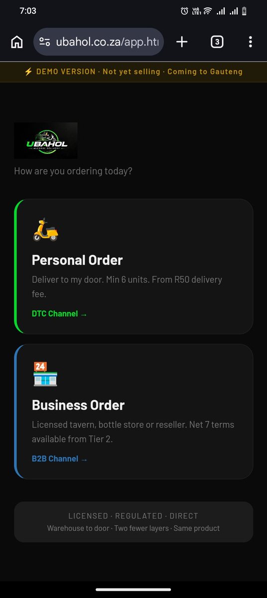 ThatoMathibe7's tweet image. The @ubahol app demo is live.
Age verification → Browse → Cart → Checkout → Order tracking.
Full flow. Working today.
DTC + B2B. Licensed. Regulated. Direct.
ubahol.co.za/app
#Ubahol #StartupSA #AlcoholDelivery #Gauteng
