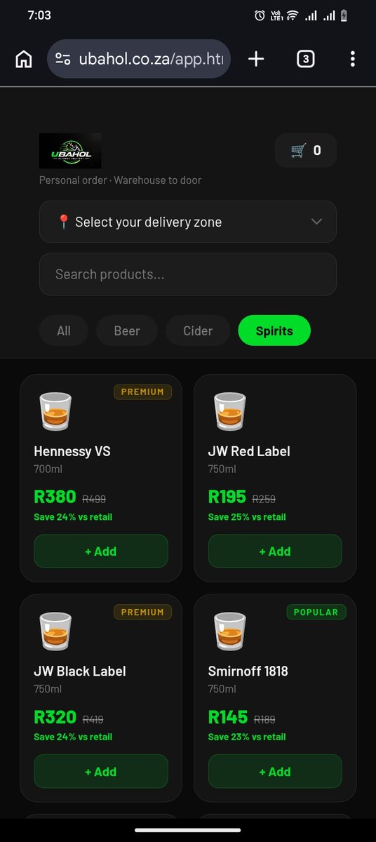 ThatoMathibe7's tweet image. The @ubahol app demo is live.
Age verification → Browse → Cart → Checkout → Order tracking.
Full flow. Working today.
DTC + B2B. Licensed. Regulated. Direct.
ubahol.co.za/app
#Ubahol #StartupSA #AlcoholDelivery #Gauteng