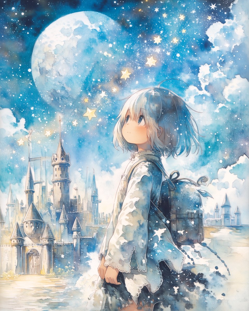 cheke6966's tweet image. お疲れ様♪
星の海の夜に大きな月が優しく君を照らす夜。
白い髪に星の光がきらめき、
小さな背中で今日の冒険をそっと包み込んでいる。  
よく頑張ったね。
疲れた瞳に映る城と星空が、
君の頑張りを全部受け止めてくれるよ。  
もう大丈夫。
ゆっくり休んでね♪