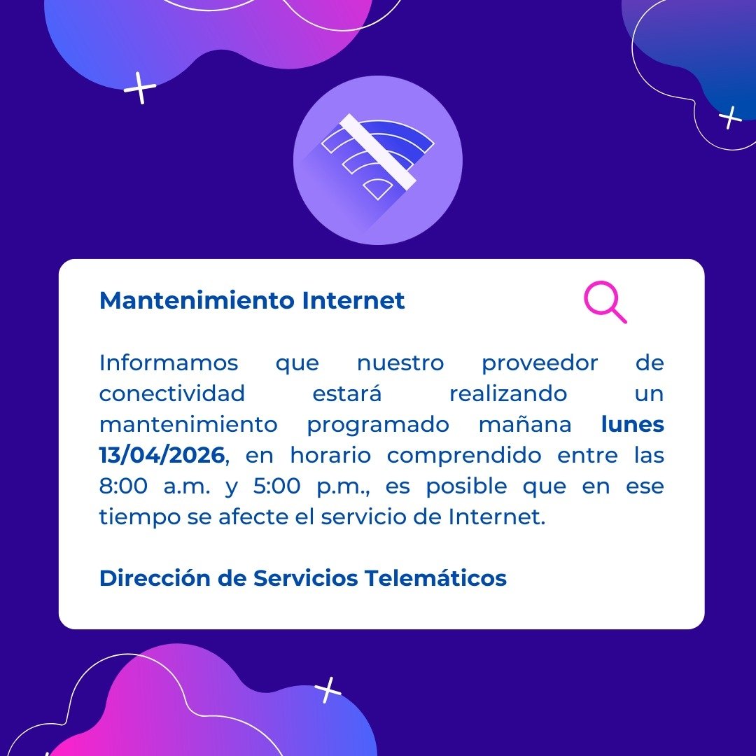 dst_usb's tweet photo. Informamos que nuestro proveedor de conectividad estará realizando un mantenimiento programado mañana lunes 13/04/2026, en horario comprendido entre las 8:00 a.m. y 5:00 p.m., es posible que en ese tiempo se afecte el servicio de Internet.

Dirección de Servicios Telemáticos https://t.co/d37uinFIfm