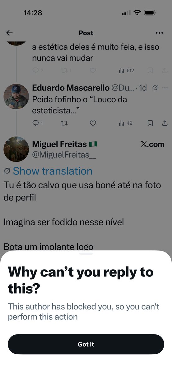 DuduMasca's tweet photo. @MiguelFreitas__ @PerebasdaPapada Bloqueia não esteticista… não fica com medo. https://t.co/APgGk8jSUo