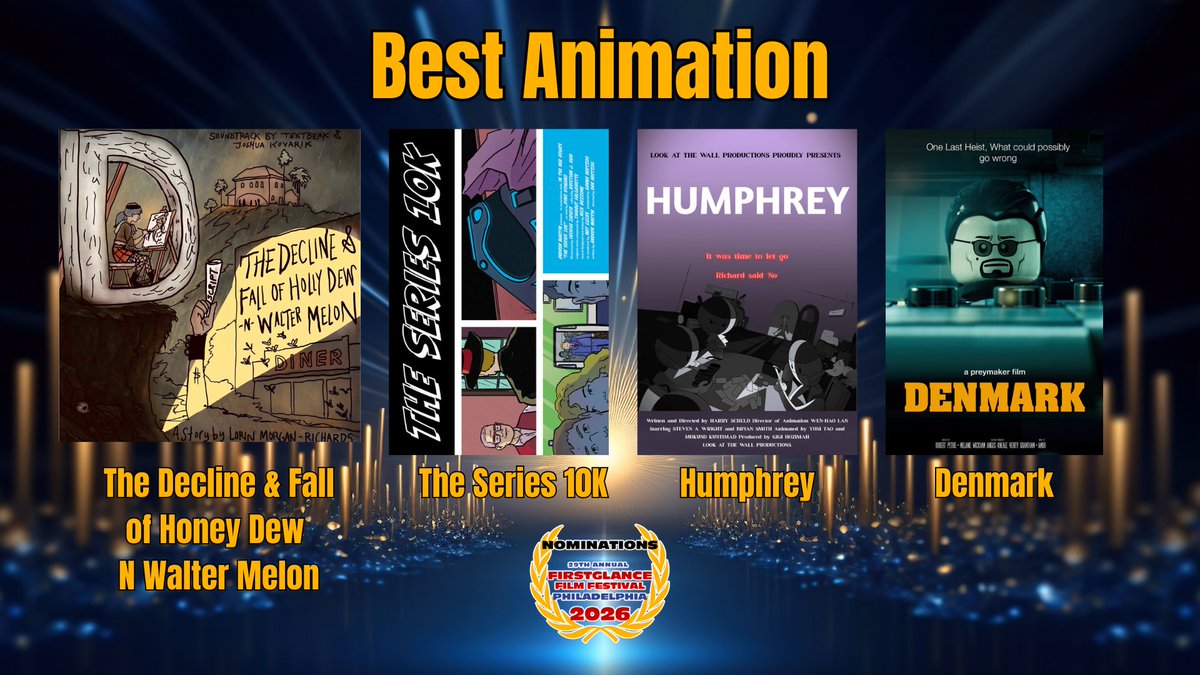 FirstGlanceFilm's tweet image. Congrats to the nominees 
Best Animation 
29th FirstGlance Film Fest Philadelphia
The Decline &amp;amp; Fall of Honey Dew N Walter Lemon
The Series 10K @danhertzog 
Humphrey
Denmark
Winner announced 
Live Awards Presentation on May 10
#SupportIndieFilm #Filmmaking #awardsseason