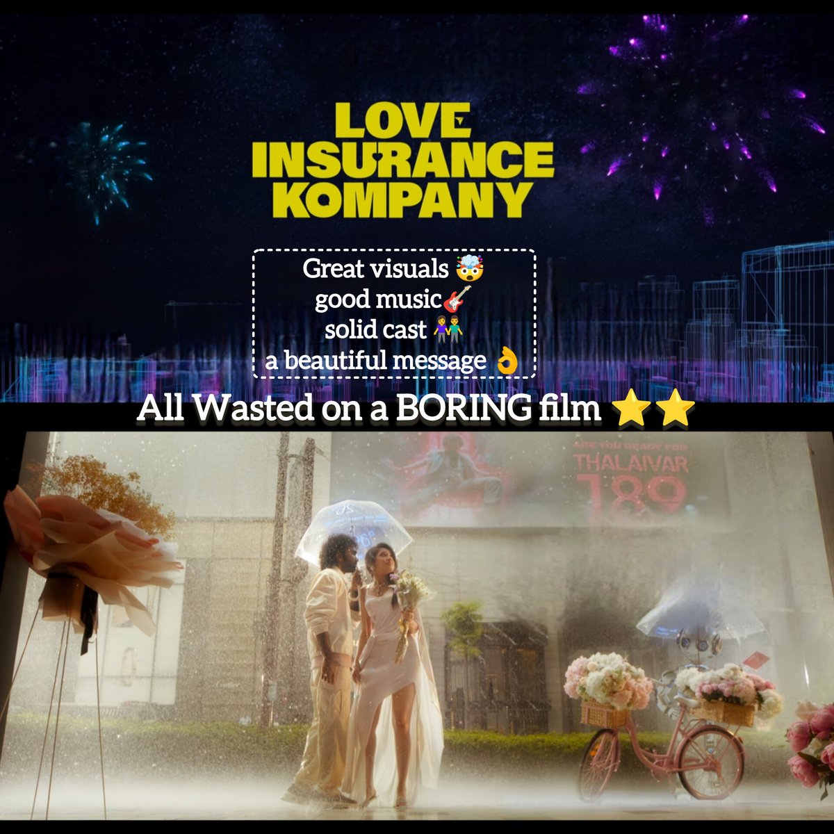 90sKidreViews's tweet photo. #LOVEINSURANCEKOMPANY is a well shot movie with meaningful message but letdown by its weak writing.

@pradeeponelife
@IamKrithiShetty
@dop_ravivarman
@anirudhofficial
@iam_SJSuryah
#likreview
#90skidreviews
#pradeepranganathan
#krithishetty
#sjsurya
#loveinsurancekompanyreview https://t.co/TxtuH9L5wF
