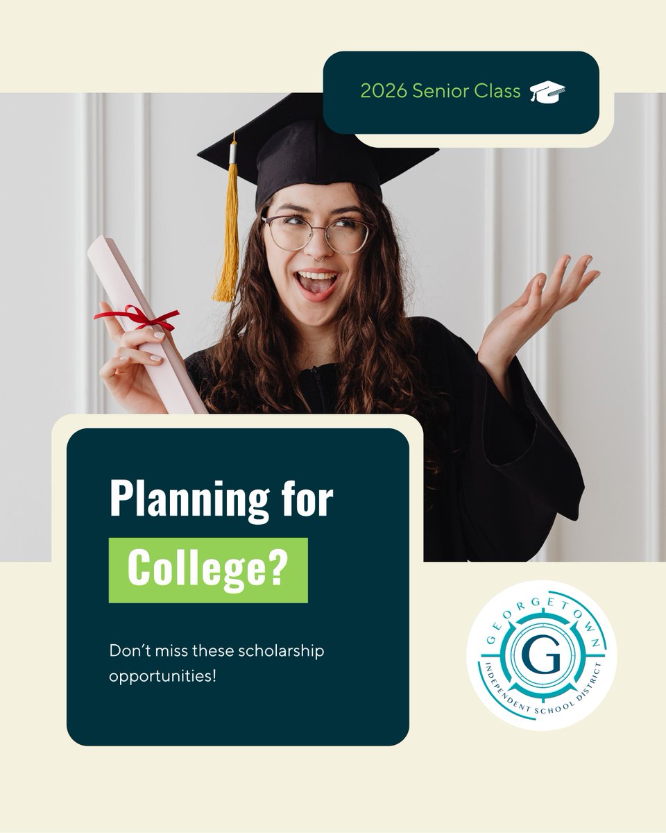 GeorgetownISD's tweet image. Planning for college? Don't miss these scholarship opportunities!
bit.ly/48pcFWc
#futureReady #scholarship #scholarshipopportunities