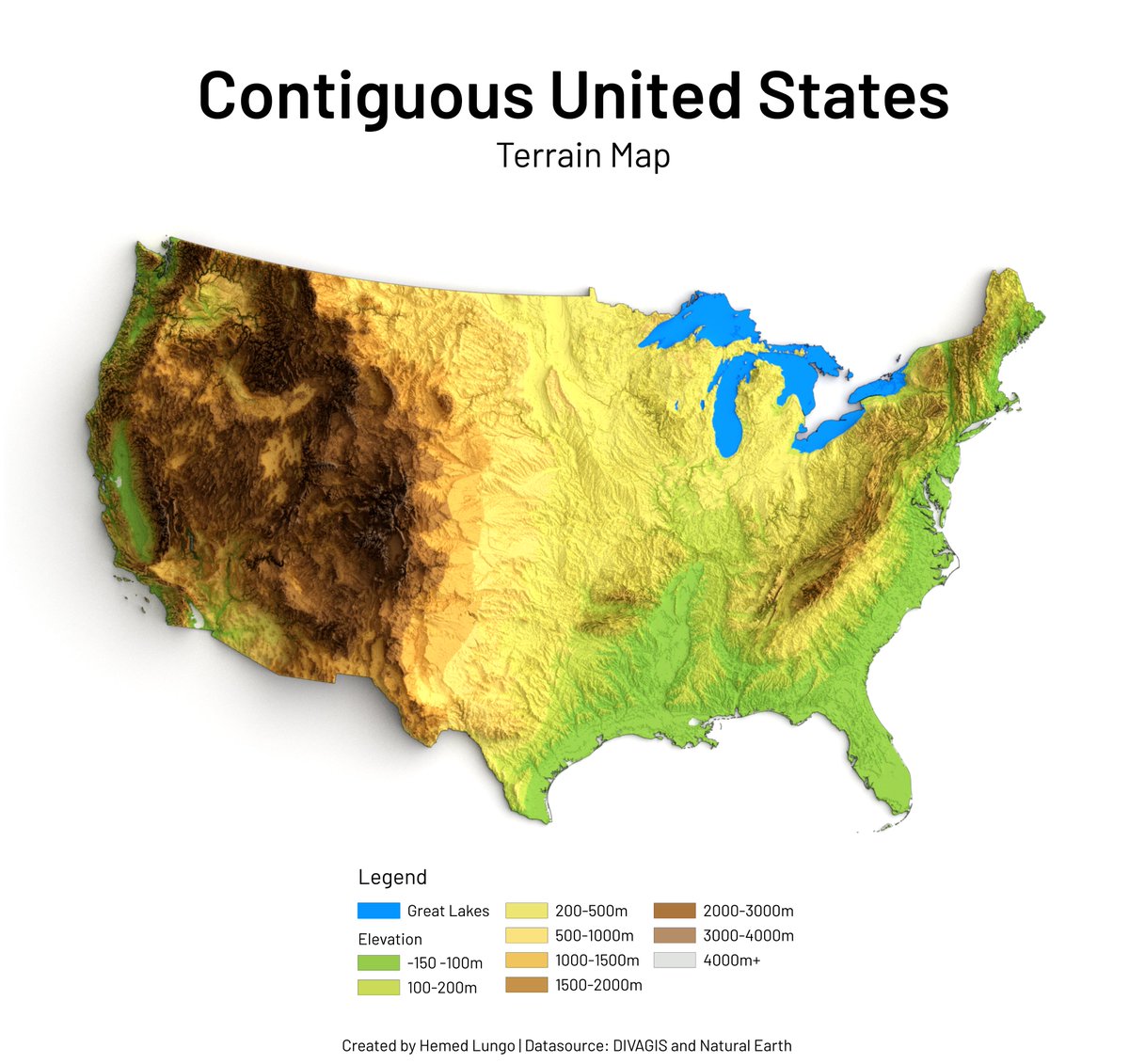 725Hemeed's tweet image. Map showing the physical terrain of the contiguous U.S. — from Rocky Mountain peaks over 4,000m to sea-level coastal plains. Elevation shapes everything. 🗺️ #GISChat #Cartography #Maps #Blender3D #QGIS #Data