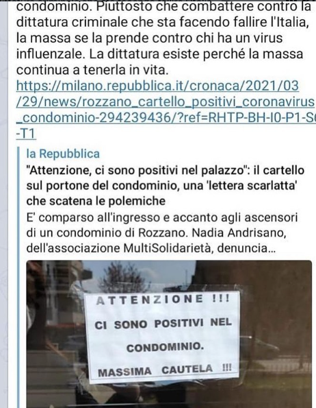 Erinni15's tweet photo. ATTENZIONE
CI SONO POSITIVI NEL CONDOMINIO
#covid #greenPass #Covid19 https://t.co/waE2EOS5yD