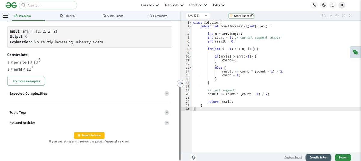 RahulPooj2003's tweet photo. DAY 57 of #geekstreak60 and #npci
The Streak Continues 🎉 

The approach used traversal array,count length of increasing segment and added formula to break occurs finally reset count💥

@geeksforgeeks 
@NPCI_NPCI 
#geekstreak2026
#CodingChallenge
#DAY57 https://t.co/B1T4yGPpmE