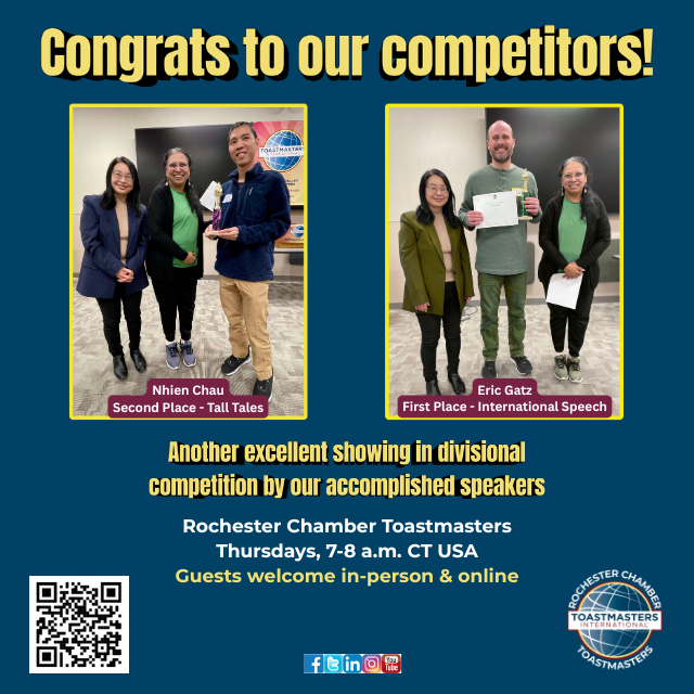 ChamberTmasters's tweet photo. A Sunday Salute to our divisional speaking contest winners! #Toastmasters #rochmn #rochester #rochester_mn #publicspeaking #leadership #rochestermn #mentorship #neighborshare #neighborstory #Toastmastersinternational #contest #winners https://t.co/Rc4PGSo2Yz