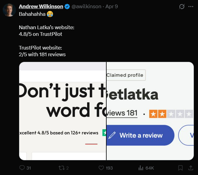 _insiteful's tweet photo. this is rich: chairman of $TINY.V dunks on @NathanLatka for his TrustPilot reviews

meanwhile, Tiny stock is down 90% and every company they buy hits 1 star in a year 

they also buy fake reviews for CreativeMarket:
https://t.co/KPkRkTpK6n

throwing stones from a glass house? https://t.co/36K9Rdg74g