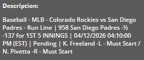F5ModelGuy's tweet photo. 4/12

Game: Rockies vs Padres

Plays:

Padres F5 ML -210 (good to -240)
-risk 3.15u to win 2.5u

Padres F5 -0.5 -137 (good to -145)
-risk 1.6u to win 1.17u

Good luck

#MLB #GamblingTwitter #Gambling𝕏 #Rockies #ForTheFaithful https://t.co/Ik7Hy4KqrY