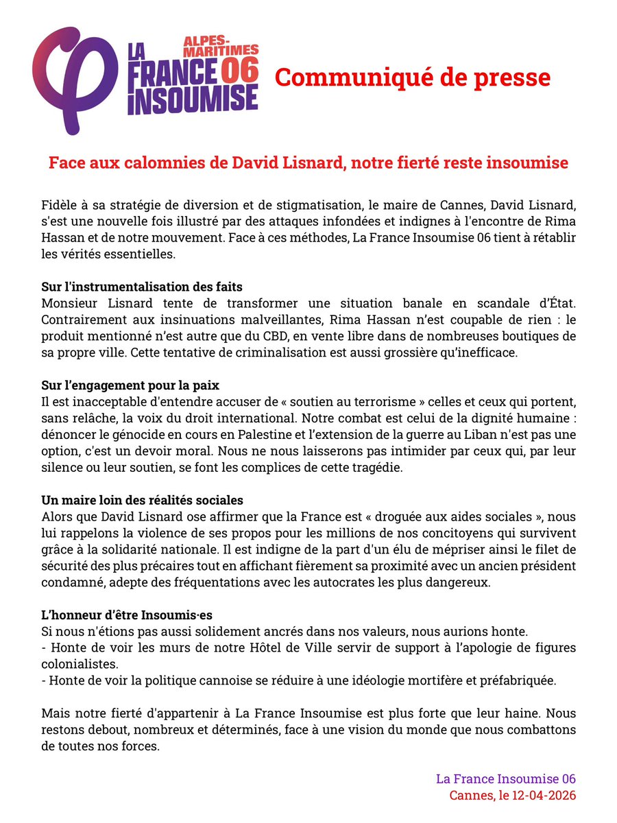 📝 Communiqué de la France insoumise des Alpes-Maritimes : face aux calomnies de David Lisnard, notre fierté reste insoumise !

#lfi #rimahassan #nice06 #alpesmaritimes