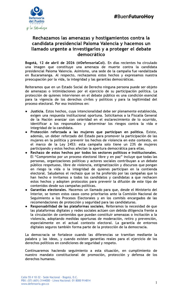 Rechazamos las amenazas y hostigamientos contra la candidata presidencial Paloma Valencia y hacemos un llamado urgente a investigarlos y a proteger el debate democrático.

En días recientes ha circulado una imagen que constituye una amenaza de muerte contra la candidata