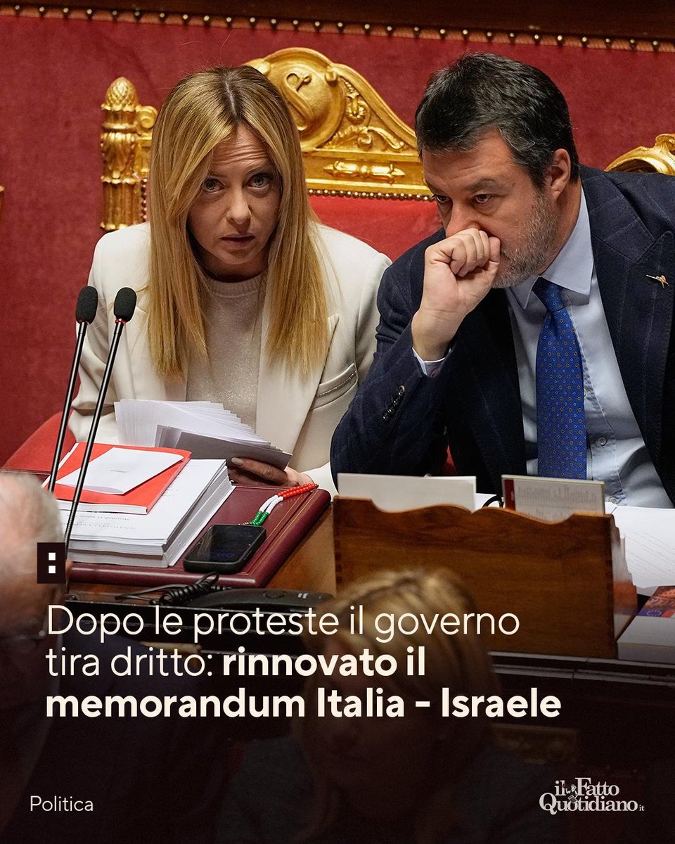serebellardinel's tweet image. L’#Italia di #Meloni, nonostante le proteste delle opposizioni, non ha alcuna intenzione di revocare il memorandum sulla Difesa con #Israele! Non stanno facendo la storia come dicono, la stanno sfregiando! Politici indegni,il vostro tempo è segnato!