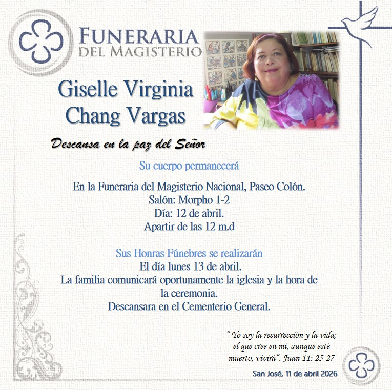IcomosCR's tweet photo. Su cuerpo permanecerá en la Funeraria del Magisterio Nacional, en el Paseo Colón, Salón Morpho 1-2, a partir del mediodía del domingo 12 de abril. Sus honras fúnebres se realizarán el lunes 13 de abril, en la iglesia San Bosco, a las 11:30 am. Descansará en el Cementerio General. https://t.co/GlJCdk6Wus