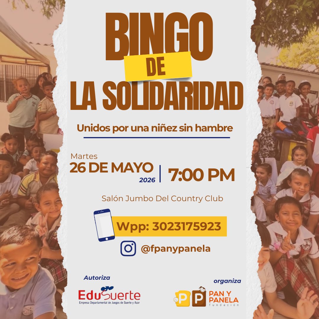 fpanypanela's tweet photo. ✨ GRAN BINGO DE LA SOLIDARIDAD ✨

Unidos por una niñez sin hambre 💛

Te invitamos a ser parte de una noche especial llena de premios, sorpresas y mucha solidaridad.

📲 Para más información, contáctanos por WhatsApp.

¡No te lo pierdas!

#GranBingoDeLaSolidaridad https://t.co/x0BAUfj0TZ