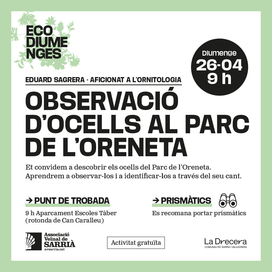 AVSarria's tweet photo. Vols aprendre a identificar els ocells amb el seu cant? Vine al pròxim #Ecodiumenge de l'@AVSarria! 🎶🐦Ens trobarem amb l'Eduard Sagrera al Parc de l’Oreneta el 26 d'abril a les 9h 
⚠️Confirmarem el lloc pocs dies abans per si el parc segueix tancat per la pesta porcina🐗 https://t.co/sCRnummmEG