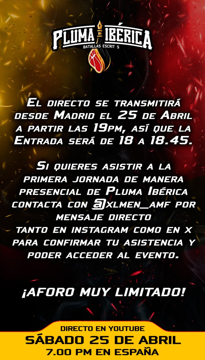 XLmen_AMF's tweet photo. Pluma Ibérica
Madrid 25 de Abril 19 pm de España
Streaming en: https://t.co/bBIp2xpxFv https://t.co/66I34lKOFt