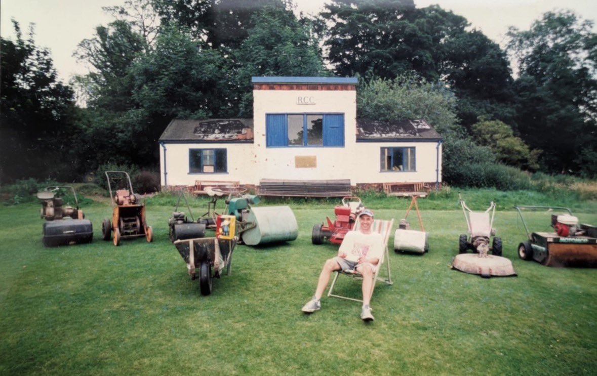 RomileyCC's tweet photo. Our (old) groundsman with his toys!

John (Hammy / Hamster) Hamilton, circa 1999.

The old scorebox is the location of the current ‘new’ pavilion.

Legendary content.

Good times. 🤩 https://t.co/GoQB9EPQAc