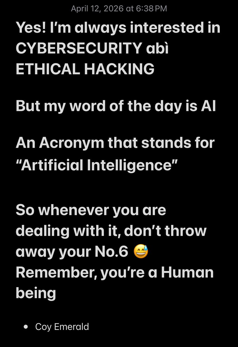 Please whenever you are dealing with it, don’t throw away your No.6 😅

And don’t forget this, I offer training in both #Cybersecurity ati #EthicalHacking 

And If you’re in Lagos, 🇳🇬 I currently have a physical study center at 
23 Taiwo Hackingsanya, Oshodi/Isolo

09034847995
