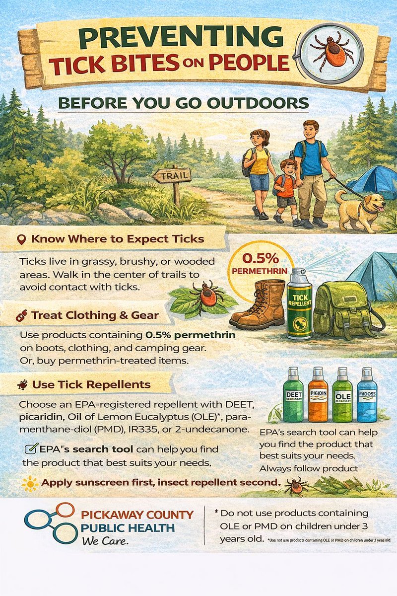 PC_PublicHealth's tweet image. Don’t Forget About Ticks! 🕷️

As temperatures rise in Pickaway County, so does tick activity. Whether you're hiking, gardening, fishing, or just enjoying time outside. 
#TickSafety #LymeDiseaseAwareness #PCPH #PublicHealth #StaySafe